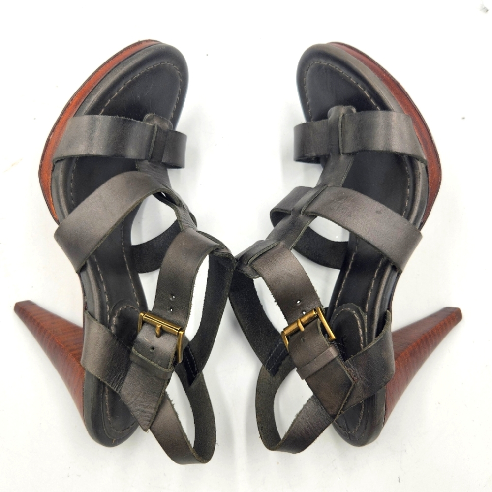 Boden Strappy Heels Grey Leather Womens 7 Wood Stack Heel Buckle Ankle 3.5 Inch